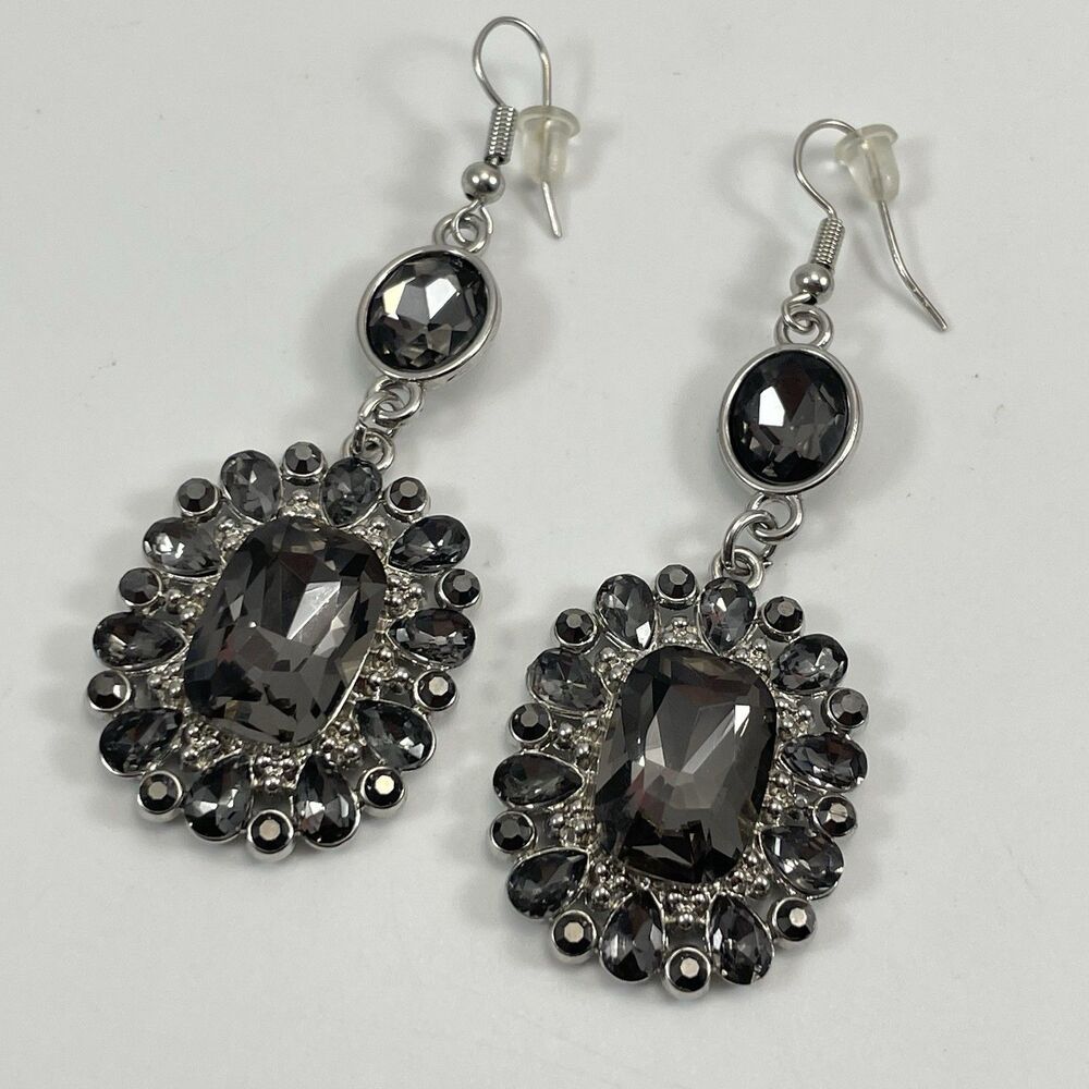 Silver Tone Gray Smoke Glass Rhinestone Statement Hook Closure Dangle Earrlings
